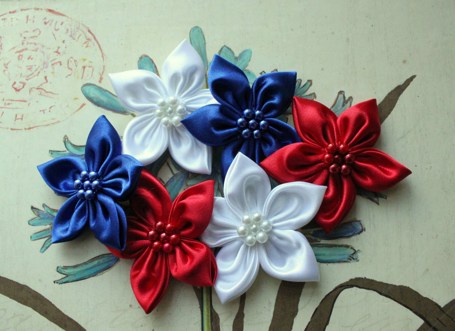 2 Pcs, 2 Inches Handmade Satin Fabric Flowers With Pearls Royal Blue